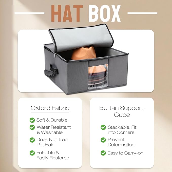 Wonderjune 2 Pcs Hat Storage Box Upgrade Stackable Organizer with Lids Cowboy Hat Box Large Square Bag Foldable Closet Sheet Organizer Travel Container for Men Women(Grey)