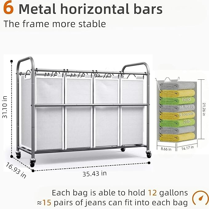 ROMOON Laundry Hamper Sorter Cart: 4-Section Organizer with Heavy-Duty Lockable Wheels and Removable Bags | 180L Rolling Laundry Basket for Dirty Clothes in Laundry Room or Small Spaces (Gray)