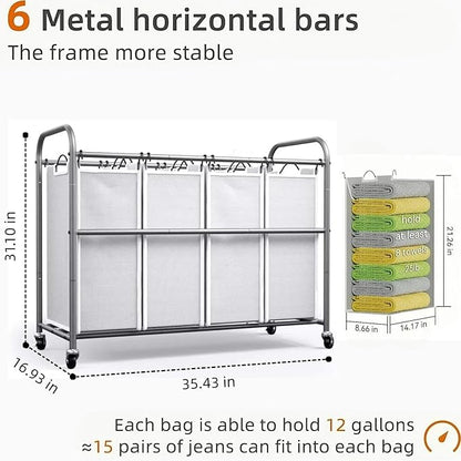 ROMOON Laundry Hamper Sorter Cart: 4-Section Organizer with Heavy-Duty Lockable Wheels and Removable Bags | 180L Rolling Laundry Basket for Dirty Clothes in Laundry Room or Small Spaces (Gray)