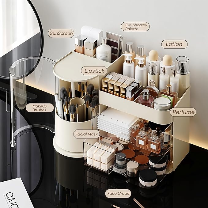 Makeup Organizer,Rotating Cosmetic Storage Organizer with Drawers,Large Capacity Makeup Brush Holder,Skincare Vanity Organizer for Bathroom Countertop,Cream.