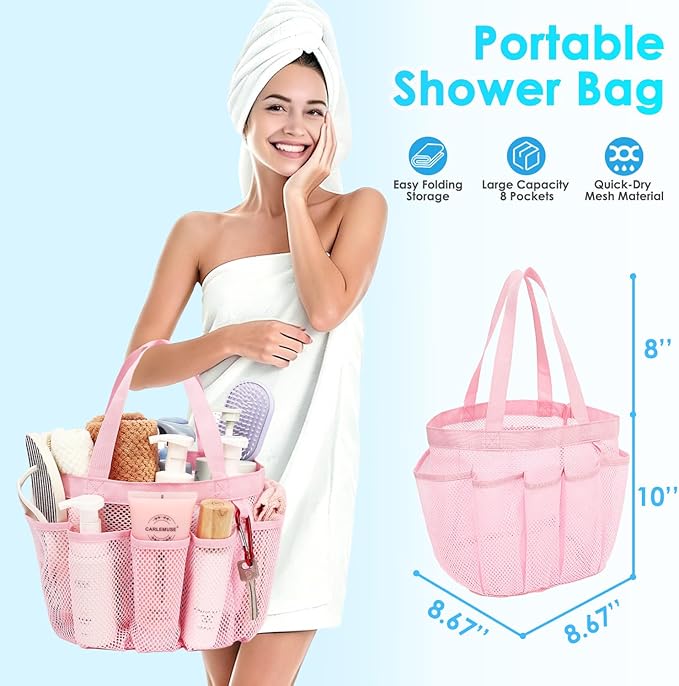 Fammart Mesh Shower Caddy Portable for College Dorm Room Essentials, Odorless Polyester Large Shower Tote Bag with Dual Handles, 8-Pocket Quick-Dry Toiletry Organizer for Travel, Beach, Camping, Gym