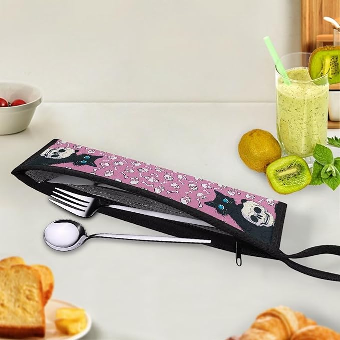 COEQINE Gothic Portable Utensils Case Pink Skull Themes Couple Skull Black Cats Utensil Holder Leaf Proof Fit 11.8 x 2.7 for Travel Picnic Outdoor Halloween Decor