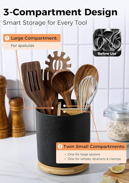 LoeJan 3 Compartment Utensil Holder, Extra Large Utensil Crock, Stable Ceramic Utensil Organizer, Cooking Tool Organizer Set for Kitchen Counter Farmhouse Decor,Textured Black