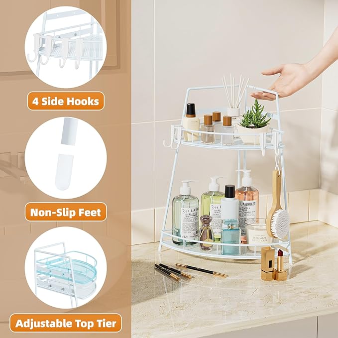 VITVITI 2 Tier Corner Bathroom Counter Organizer, Metal Bathroom Countertop Organizer Shelf Storage, Bath Room Sink Makeup Organizers for Vanity Perfume Skincare with Hooks, White