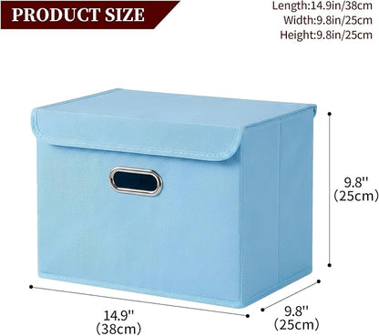 STOREONE Fabric Storage Cube Bins Foldable Organizer Container Collapsible Basket with Lids and Metal Handles, for Home, Bedroom, Closet 6 Pcs (multicolour-blue)