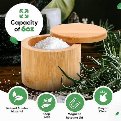 karmiero Salt Cellar, Bamboo Salt Container with Lid, Solid Salt Box Holder with 360° Swivel Lid for Countertop to Store Pepper Spice, Elegant Flaky Salt Containers Bowl on Your Kitchen, 6OZ