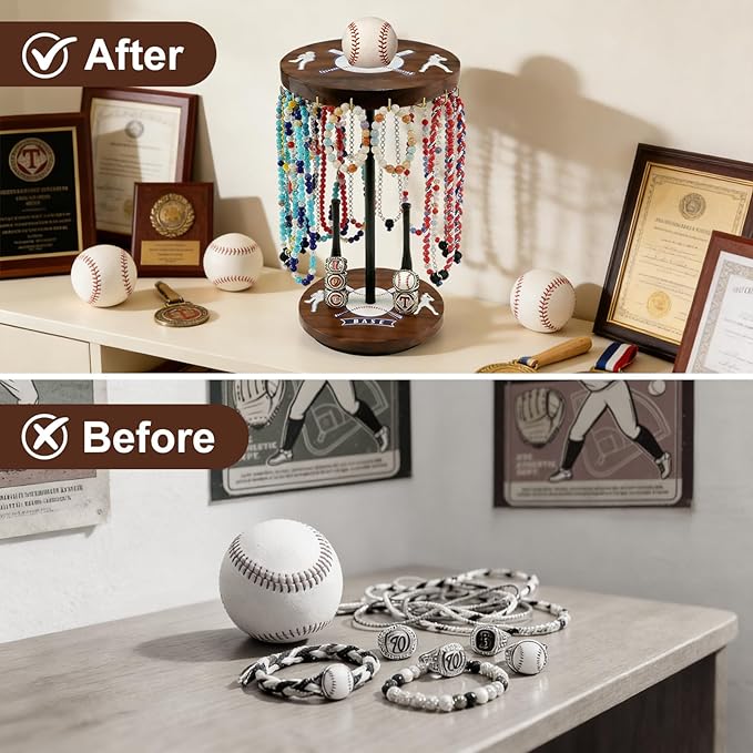 Baseball Drip Holder & Championship Ring Display - Baseball Jewelry Stand for Men with 18 Hooks, 360°Rotating Baseball Necklace and Ring Holder, Perfect Gifts for Baseball Players and Lovers