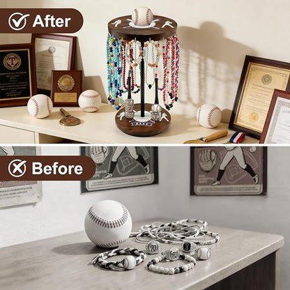 Baseball Drip Holder & Championship Ring Display - Baseball Jewelry Stand for Men with 18 Hooks, 360°Rotating Baseball Necklace and Ring Holder, Perfect Gifts for Baseball Players and Lovers