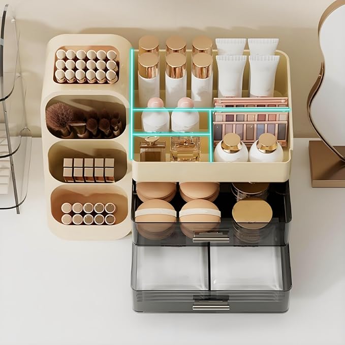 Covzoe Large Makeup Organizer with Brush Holder, Spacious Cosmetics Display Case with Drawers for Vanity, Skin Care Storage Solution for Lipstick Beauty Essential Bathroom Countertop