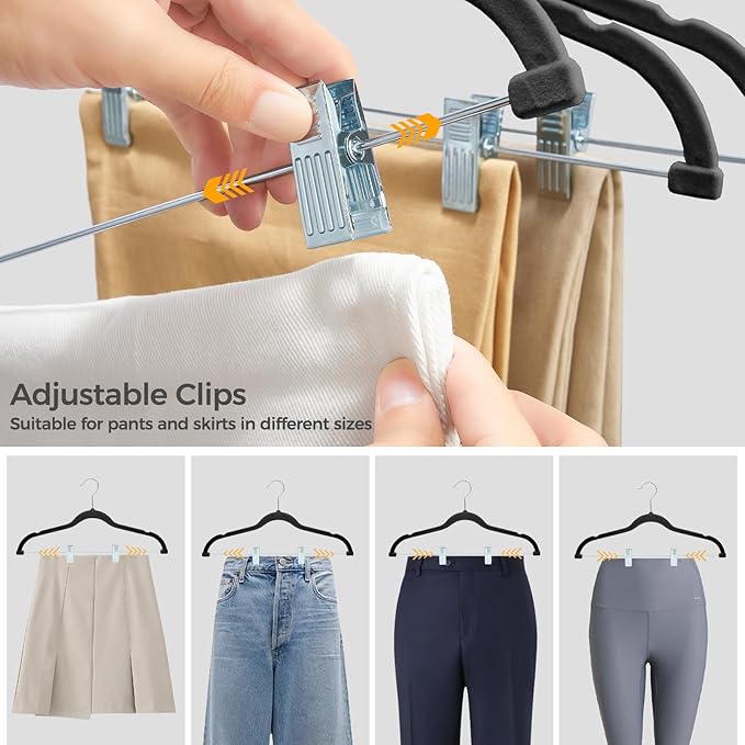 HOUSE DAY Velvet Hangers with Adjustable Clips 30 Pack, Non-Slip Suit Organizer with 360° Hook - Heavy Duty Hanger for Pants, Skirts, Blouses, Dresses - Outfit Hangers All-Season Space Saver (Black)