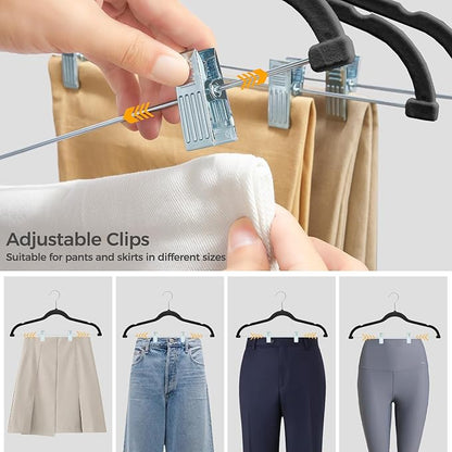 HOUSE DAY Velvet Hangers with Adjustable Clips 30 Pack, Non-Slip Suit Organizer with 360° Hook - Heavy Duty Hanger for Pants, Skirts, Blouses, Dresses - Outfit Hangers All-Season Space Saver (Black)