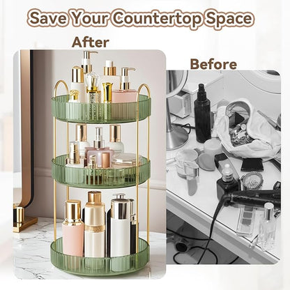 360° Rotating Makeup Organizer for Vanity, 3 Tier Perfume Organizers Skincare Organizers and Storage for Bathroom Countertop, Spinning Cosmetic Organizer for Bedroom Dresser Counter (Green)