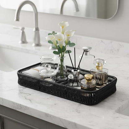 Toilet Tank Tray Storage Basket, Metal Woven Bathroom Basket Decorative Tray for Toilet Paper Storage, Wicker Vanity Organizer Bin with Non-Slip Feet for Bathroom Counter or Back of Toilet-Black