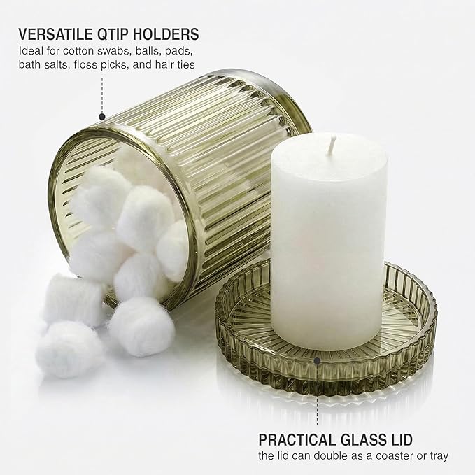 2 Pack Qtip Holder - Apothecary Jars with Lids, Bathroom Organizers and Storage Canister for Cotton Balls,Swabs,Floss Picks,Hair Ties,Clear Glass Vintage Bathroom Decor Jar Set (green2)