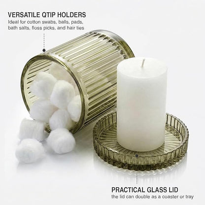 2 Pack Qtip Holder - Apothecary Jars with Lids, Bathroom Organizers and Storage Canister for Cotton Balls,Swabs,Floss Picks,Hair Ties,Clear Glass Vintage Bathroom Decor Jar Set (green2)
