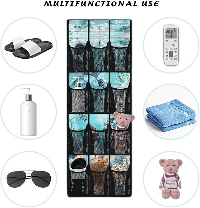Sea Turtle Hanging Storage Shoe Organizer for Closet 12 Mesh Pockets Over The Door Wall Closet Holder for for Boots & Sneakers Toys
