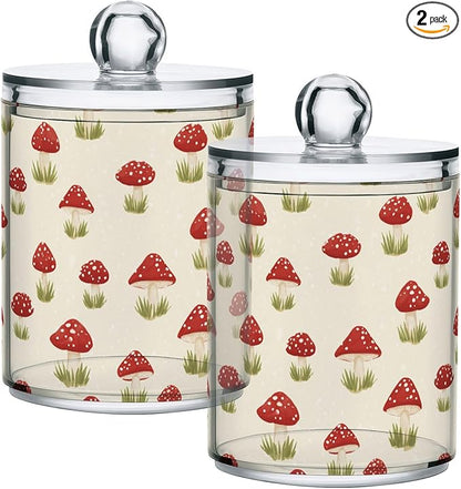 Milk Cow Qtip Holder with Lid 2PCS Apothecary Jars Storage Containers, Clear Plastic Canister for Cotton Swab,Floss Picks, Cosmetics (Red Mushrooms, one sizex2)