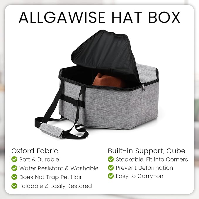 Wonderjune 2 Pcs Cowboy Hat Box for Storage Collapsible Sturdy Cowboy Hat Case with Handle for Men and Women Travel Storage Organizer Large Cap Bag for Closet(Gray)