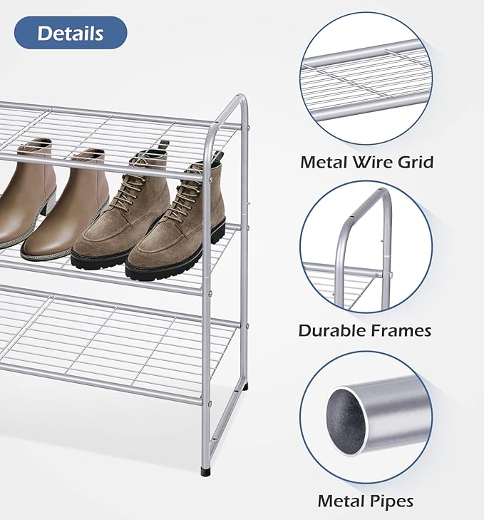 KEETDY 3-Tier Long Shoe Rack for Closet Metal Shoe Organizer for Entryway, Wide Stackable Shoe Storage Shelf with Sturdy Wire Grid for Closet Floor, Bedroom, Grey