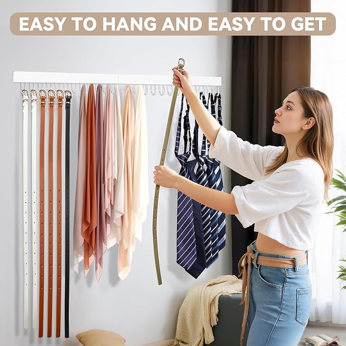 Belt Hanger Wall Mount, Wooden Closet Belt Organizer with 24 Metal Hooks, Large Capacity, White, 2 Pcs