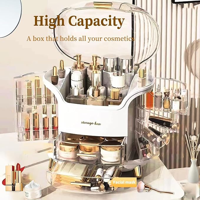 Makeup Organizer & Skincare Organizers, Cosmetic Organizer Box for Countertop with Lid & Drawers, Make Up Storage Organizer with Waterproof & Dustproof Cover, Birthday Gifts for Vanity Women Girls