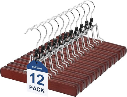 TOPIA HANGER 12 Pack Wooden Pants Hangers, Hair Extension Hangers Non Slip Skirt Hanger Wood Clamp with Velvet Padded 360° Swivel Hook for Jeans, Skirts, Trousers, Wigs Cherry CT67M