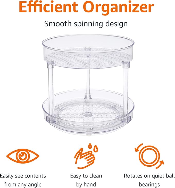 Amazon Basics Lazy Susan Turntable Organizer for Spices and Condiments, 9" Diameter, 2 Tier, Clear