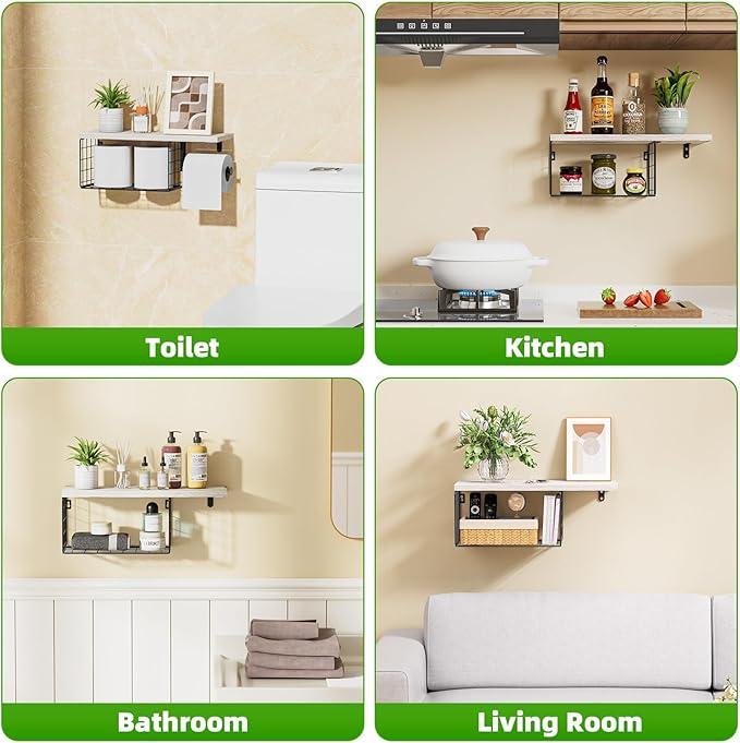 VITVITI Toilet Paper Holder with Shelf, Wall Mounted Toilet Paper Storage Basket, Wood Metal Toilet Roll and Wipes Holder for Bathroom Farmhouse (Vintage White)