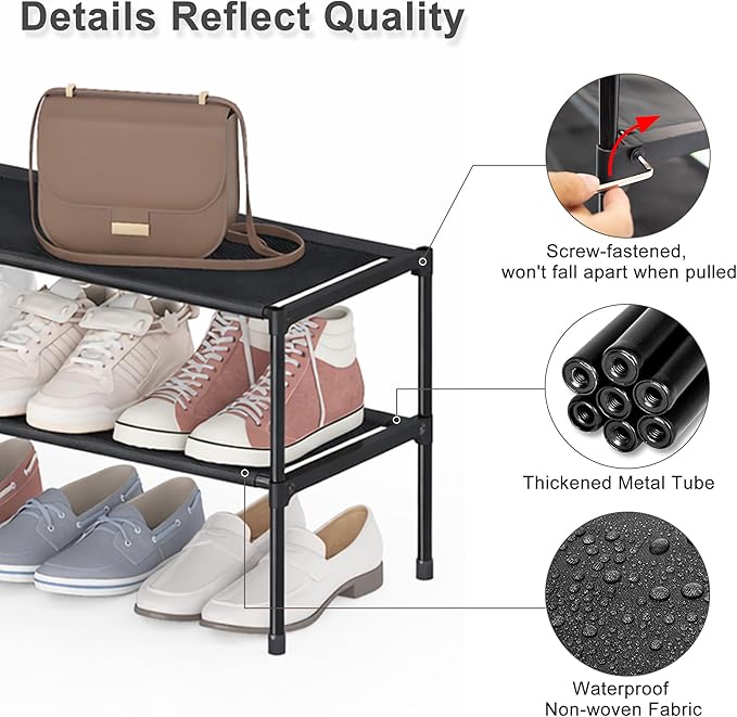 HITHIM 2 Tier Long Shoe Rack for Closet, Screw Fastened Plastic Connector Shoe Storage Organizer, Non-Woven Fabric Metal Shoe Shelf, Holds 18-21 Pairs for Front Door Entrance, 48.5"x12.1"x17.8"