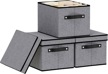 Storage Boxes, 10.2×7.8×6.7 Inch Closet Organizers for Shelves Bedroom Office with Handles, Storage Bins with Lids, Gray, 3-Pack