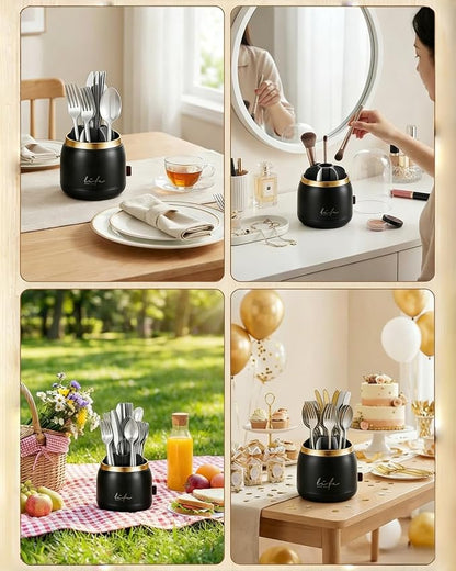 Silverware Organizer with Lid, 360° Rotation Utensil Holder for Kitchen Counter, Silverware Caddy for Party, 7 Slots Fits Standard Utensils & Steak Knives, Not for Extra-Long Knives (Black)