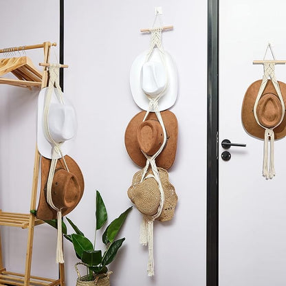 Yulejo 3 Pieces Macrame Hat Hanger Boho Hat Hanger for Wall Cowgirl Organizer Hand Weaving Display Rack Decoration Holder for Wide Brim and Fedoras Baseball