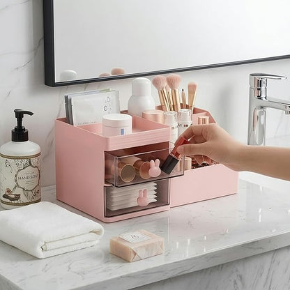 Makeup Organizer With 2 Drawers, Countertop Organizer For Vanity, Bathroom Organizers And Storage, Bathroom And Bedroom Desk Cosmetics Organizer For Skin Care, Brushes, Eyeshadow, Lotions (Pink)
