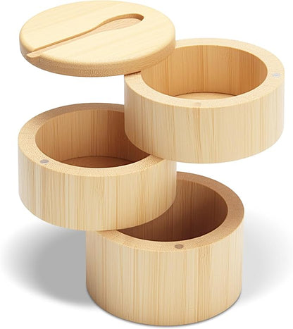 Bamboo Salt Cellar Bowl Box, 10oz Three-layer Small Salt and Pepper Containers, Bamboo Container Box with Lid and Spoon for Salt, Pepper