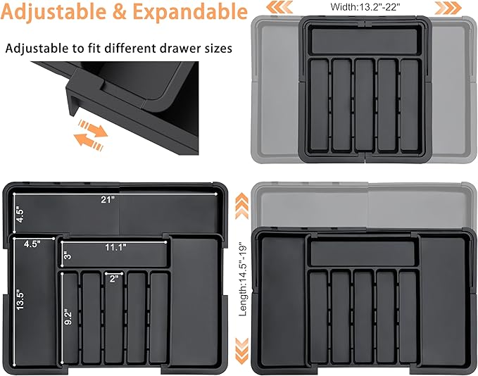 Spaclear Silverware Organizer Expandable Kitchen Utensil Drawer Organizer Large BPA Free Adjustable Cutlery Silverware Tray for Spoons Forks Knives Storage Divider for Kitchen Flatware 6-9 Slots Black