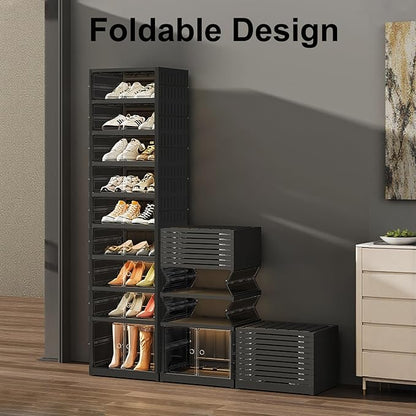 SYNCVIBE Shoe Rack Organizer for Closet Entryway Foldable Sneaker Storage Shoe, Collapsible Shoe Cabinet, Stackable Shoe Storage Cabinet with Lids for Living Room (9 Tiers -18 Pairs Black)