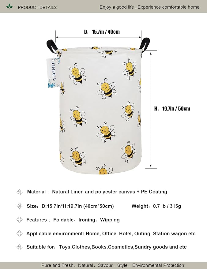 Cute Bee Laundry Basket, Collapsible Laundry Hamper for Girls, Sweet Honey Bee Round Storage Bin, Waterproof Toy Storage for Kids Room, Nursery, Playroom, New Parent Gift (Bee)