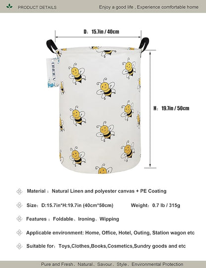 Cute Bee Laundry Basket, Collapsible Laundry Hamper for Girls, Sweet Honey Bee Round Storage Bin, Waterproof Toy Storage for Kids Room, Nursery, Playroom, New Parent Gift (Bee)