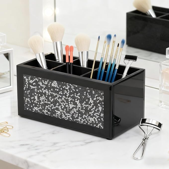 SHYFOY Black Makeup Brush Holder Organizer, 6 Slots Glass Makeup Cosmetics Organizers and Storage for Vanity Countertop