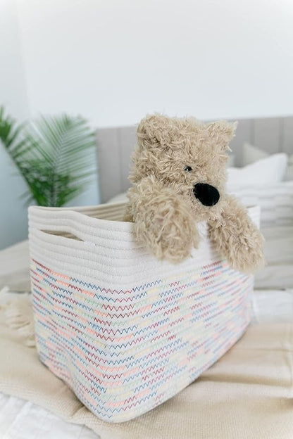 Rainbow Stitches Cotton Rope Baskets for Shelves, Set of 3-15"×10"×9½" - Colorful Storage Baskets for Kids - Nursery, Playroom, Classroom - Toy Storage, Books, Towels