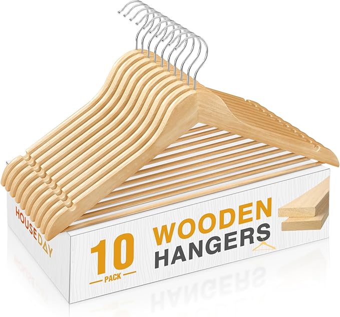 HOUSE DAY Slim Wooden Hangers 10 Pack, Solid Wood Hanger with Non Slip Shoulder Notches & Pant Bar, Smooth Finish Wood Clothes Hangers for Shirts, Suits, Jackets, Natural