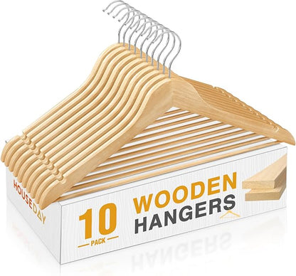 HOUSE DAY Slim Wooden Hangers 10 Pack, Solid Wood Hanger with Non Slip Shoulder Notches & Pant Bar, Smooth Finish Wood Clothes Hangers for Shirts, Suits, Jackets, Natural