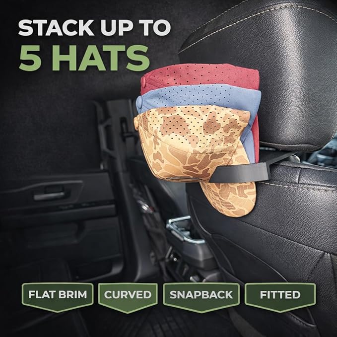 CabCap Headrest Hat Holder for Trucks and Cars — Patent Pending — Universal Baseball Cap Rack, Mounts Behind Seat Headrest, Holds Up to 5 Hats, No Tools Required, Made in USA