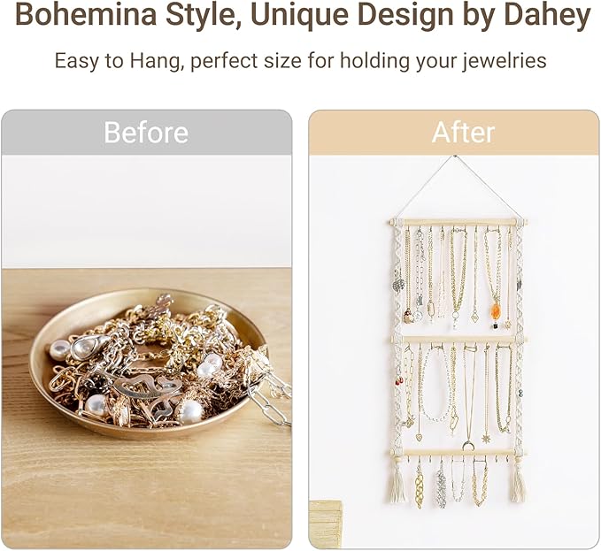 Dahey Hanging Jewelry Organizer Macrame Necklace Holder with 30 Hooks Wall Mounted Jewelry Hanger Over Door Necklace Rack with Tassel for Necklace Bracelet Earring Headband Bow Organizer