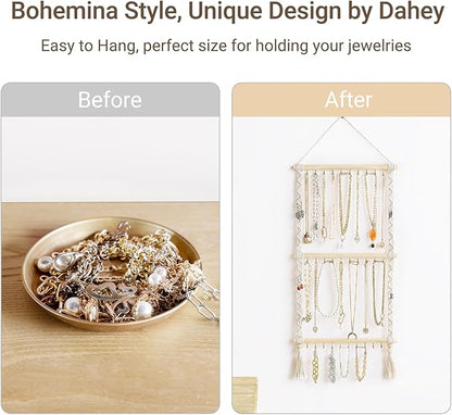 Dahey Hanging Jewelry Organizer Macrame Necklace Holder with 30 Hooks Wall Mounted Jewelry Hanger Over Door Necklace Rack with Tassel for Necklace Bracelet Earring Headband Bow Organizer