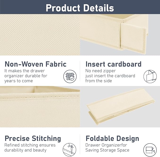 DIMJ Drawer Organizer Clothes - Underwear Organizer Small Sock Organizer Closet Organizers and Storage Box Dresser Drawer Dividers for Baby Clothes, Bra, Socks, Belt, Tie, Set of 9, Beige