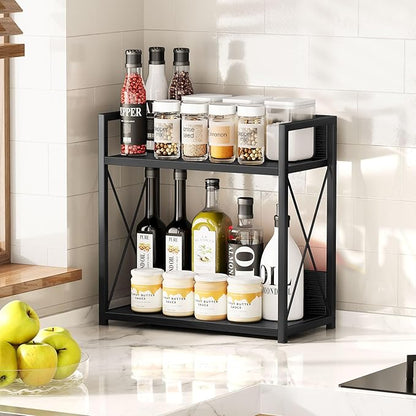 Giikin Kitchen Countertop Organizer, 2 Tier Coffee Bar Organizer, Black Spice Rack for Counter, Kitchen Counter Shelves, Particleboard, Large Size (15.8" L x 7.9" W x 15.8" H), Black