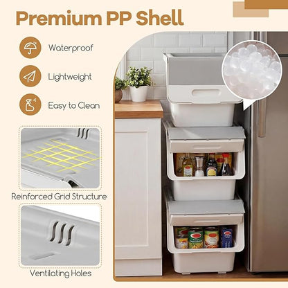 Giantex Plastic Stackable Storage Bins with Lids & Wheels, 6 Pack Open Front Stacking Bins, Organizer Bins for Pantry, Kitchen, Laundry, Closet, Playroom, Bedroom Organization (35 QT)