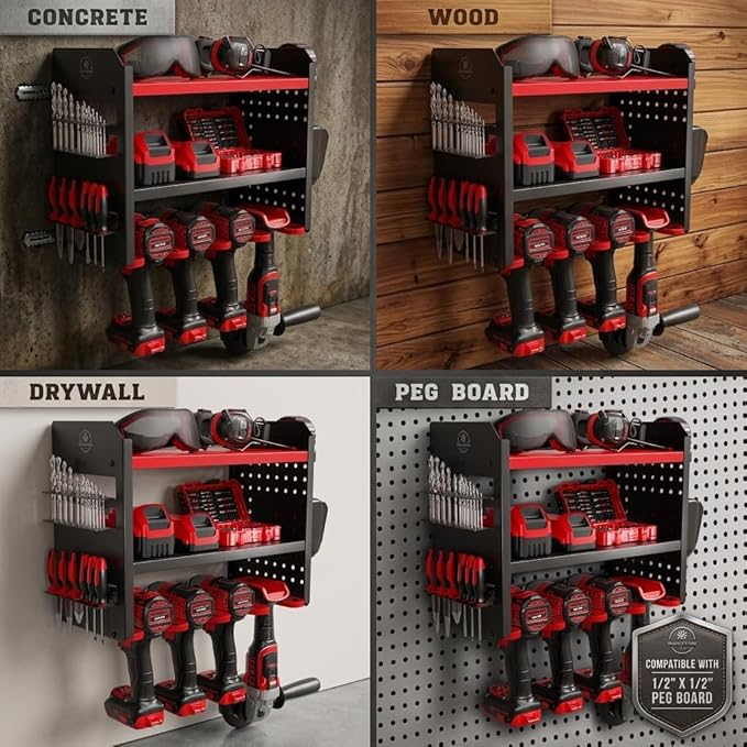 BUILTSTRONG Power Tool Organizer Wall Mount – 3-Tier Heavy-Duty Steel Rack, 4 Drill Slots, Pegboard + Utility Side, 100 lb Capacity – Garage, Workshop & Shed Storage (Red)