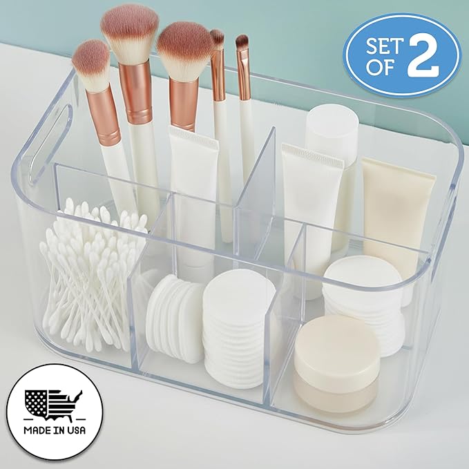 STORi Bliss 5-Compartment Plastic Cosmetics Storage Organizer, Set of 2 | Clear | Rectangular Divided Makeup Bin & Vanity Caddy with Pass-Through Handles | Round Corner Design | Made in USA